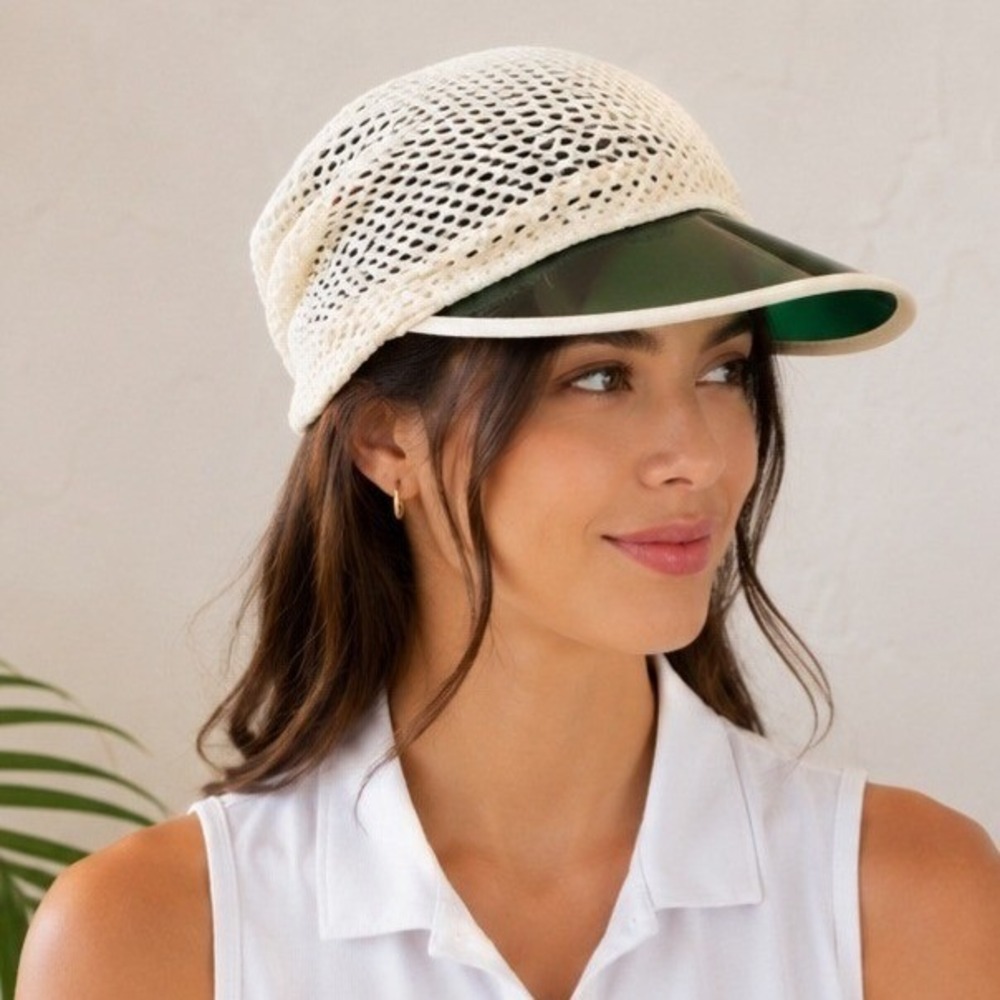 Camelot Vintage Style Crochet Mesh Visor Hat Green Transparent Brim Cream OS